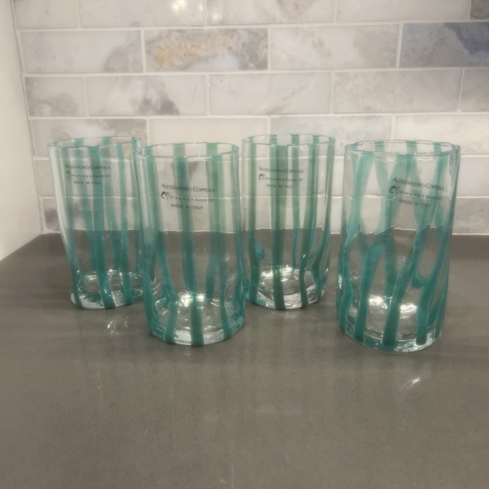 4-Alessandro Coppola Murano Italy Aqua White Art Glass Tumblers